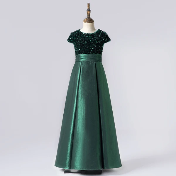 Chic / Beautiful Navy Blue Satin Sequins Birthday Flower Girl Dresses 2022 A-Line / Princess Scoop Neck Short Sleeve Bow Floor-Length / Long Flower Girl Dresses