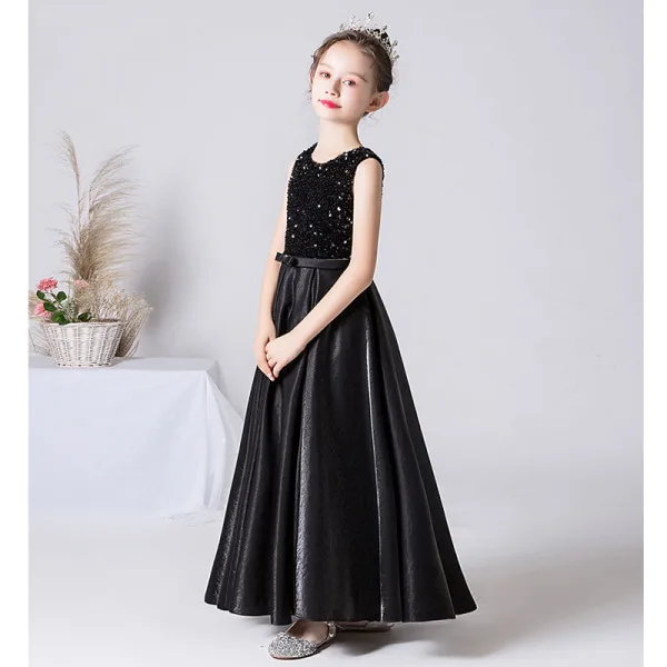 Chic / Beautiful Black Sequins Satin Birthday Flower Girl Dresses 2022 A-Line / Princess Scoop Neck Sleeveless Sash Floor-Length / Long Flower Girl Dresses