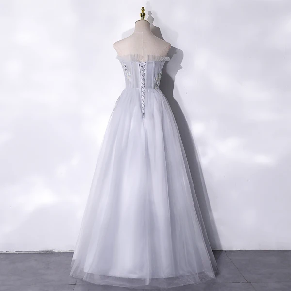 Élégant Argenté Paillettes En Dentelle Fleur Robe De Bal 2021 Princesse Volants Bustier Sans Manches Dos Nu Longue Robe De Ceremonie
