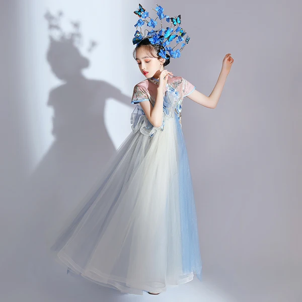 Chinese style Blushing Pink Sequins Embroidered Birthday Cheongsam / Qipao Flower Girl Dresses 2022 High Neck Short Sleeve Flower Girl Dresses Knee-Length Cheongsam