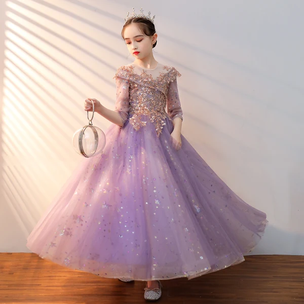 Chic / Beautiful Lilac Beading Sequins Birthday Flower Girl Dresses 2022 A-Line / Princess Scoop Neck 1/2 Sleeves Backless Floor-Length / Long Flower Girl Dresses