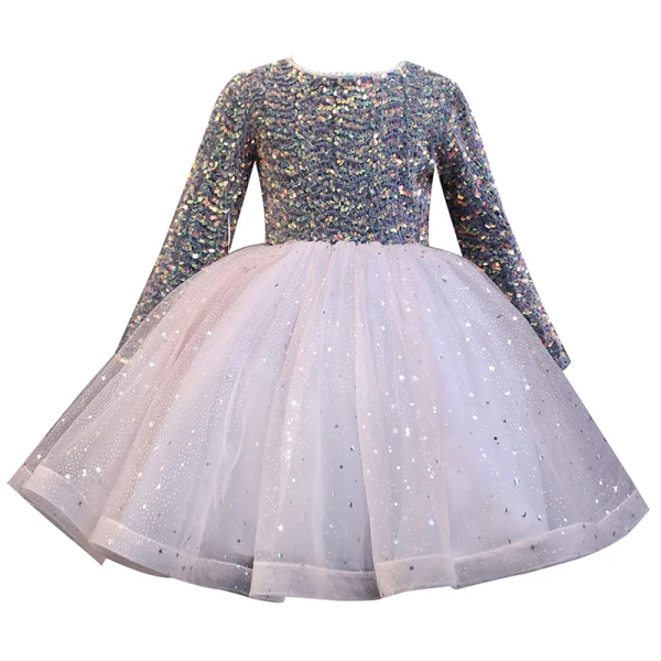 Sparkly Grey Sequins Birthday Flower Girl Dresses 2022 Ball Gown Scoop Neck Long Sleeve Bow Floor-Length / Long Flower Girl Dresses