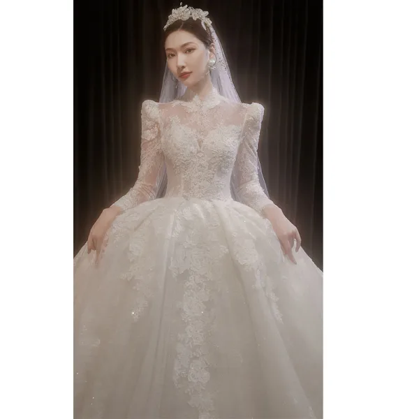 High-end White Beading Pearl Lace Flower Wedding Dresses 2022 Ball Gown High Neck Long Sleeve Backless Floor-Length / Long Wedding