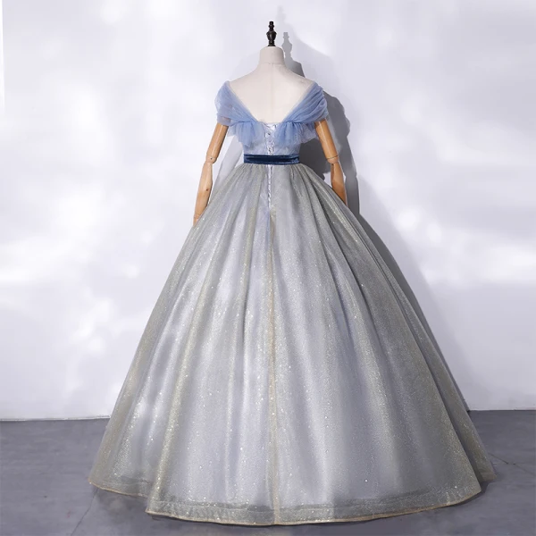 Fashion Silver Prom Dresses 2021 Ball Gown Ruffle Square Neckline Short Sleeve Backless Suede Bow Sash Sequins Floor-Length / Long Formal Dresses