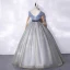 Fashion Silver Prom Dresses 2021 Ball Gown Ruffle Square Neckline Short Sleeve Backless Suede Bow Sash Sequins Floor-Length / Long Formal Dresses