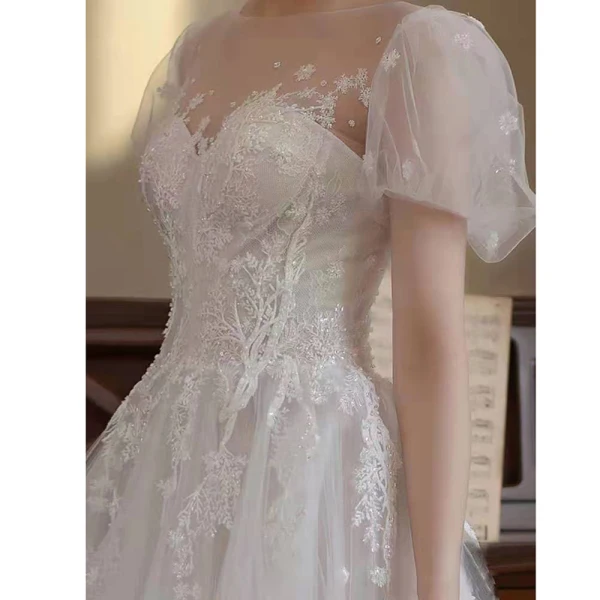 Chic / Belle Blanche Paillettes En Dentelle Fleur Robe De Bal 2022 Princesse Encolure Dégagée Manches Courtes Dos Nu Longue Robe De Ceremonie