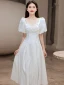 Modest / Simple White Homecoming Graduation Dresses 2022 A-Line / Princess Satin V-Neck Puffy Short Sleeve Pearl Tea-length Formal Dresses