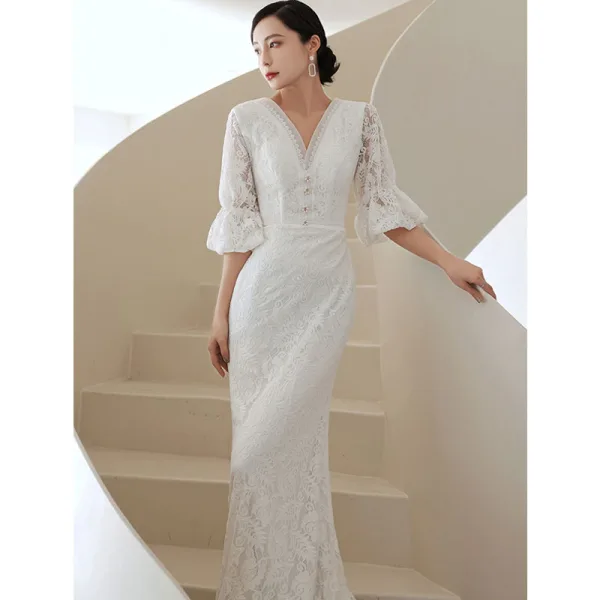Sexy White Lace Flower Evening Dresses 2022 Trumpet / Mermaid V-Neck 1/2 Sleeves Backless Floor-Length / Long Evening Party Formal Dresses