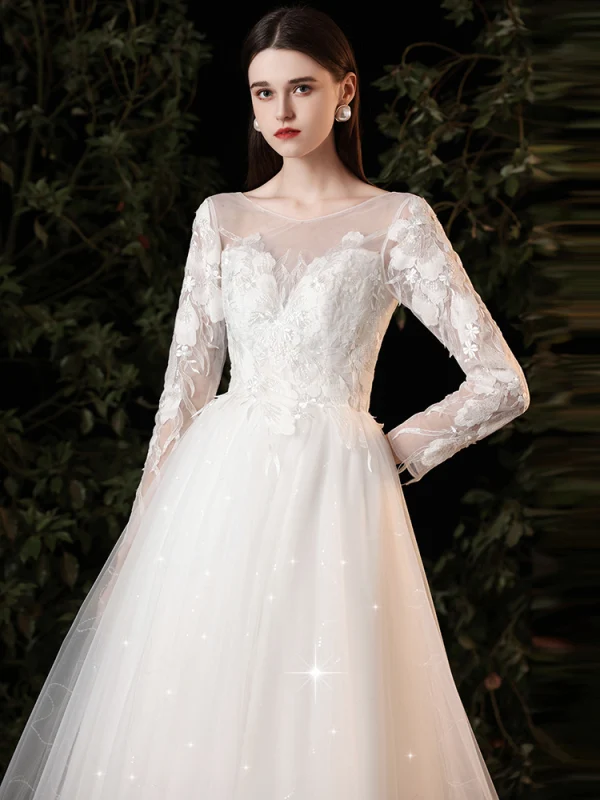 Chic / Beautiful White Lace Flower Prom Dresses 2022 A-Line / Princess Scoop Neck Long Sleeve Backless Floor-Length / Long Formal Dresses