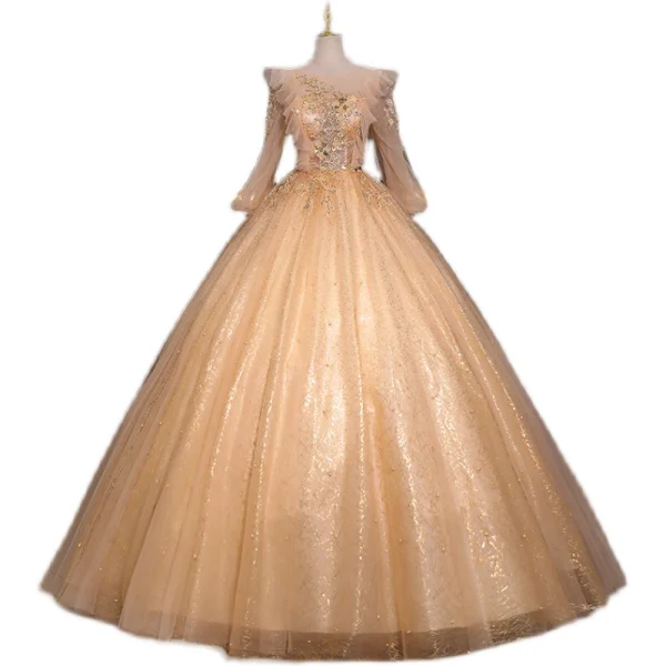 Scintillantes Champagne Glitter Perlage Perle Paillettes Robe De Bal 2022 Robe Boule Encolure Dégagée Manches Longues Dos Nu Longue Robe De Ceremonie