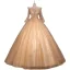 Scintillantes Champagne Glitter Perlage Perle Paillettes Robe De Bal 2022 Robe Boule Encolure Dégagée Manches Longues Dos Nu Longue Robe De Ceremonie