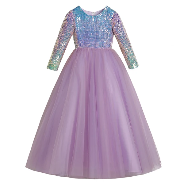 Chic / Beautiful Lilac Gradient-Color Sequins Birthday Flower Girl Dresses 2022 Ball Gown Scoop Neck Long Sleeve Floor-Length / Long Flower Girl Dresses
