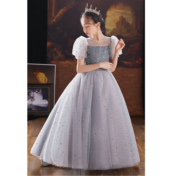Chic / Beautiful Grey Sequins Birthday Flower Girl Dresses Ball Gown 2022 Scoop Neck Puffy Short Sleeve Floor-Length / Long Flower Girl Dresses