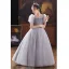 Chic / Beautiful Grey Sequins Birthday Flower Girl Dresses Ball Gown 2022 Scoop Neck Puffy Short Sleeve Floor-Length / Long Flower Girl Dresses
