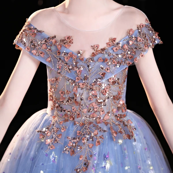 Sparkly Pool Blue Beading Sequins Birthday Flower Girl Dresses 2022 Ball Gown Scoop Neck Short Sleeve Backless Floor-Length / Long Flower Girl Dresses