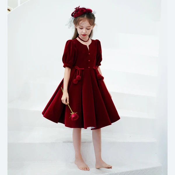 Chic / Beautiful Burgundy Suede Birthday Flower Girl Dresses 2022 A-Line / Princess V-Neck Short Sleeve Knee-Length Flower Girl Dresses