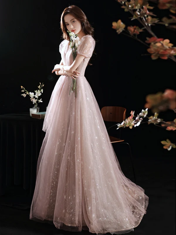 Charmant Rose Sombre Robe De Bal 2021 Princesse Perlage Perle Paillettes Encolure Carrée Gonflée Manches Courtes Dos Nu Longue Robe De Ceremonie