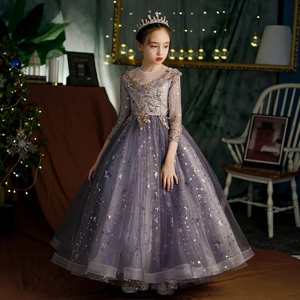 Fashion Grape Beading Pearl Rhinestone Sequins Birthday Flower Girl Dresses 2022 Ball Gown Scoop Neck 1/2 Sleeves Floor-Length / Long Flower Girl Dresses