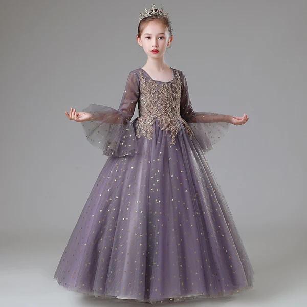 Elegant Lilac Beading Lace Flower Rhinestone Birthday Flower Girl Dresses 2022 Ball Gown Square Neckline Star Sequins Bell sleeves Floor-Length / Long Flower Girl Dresses