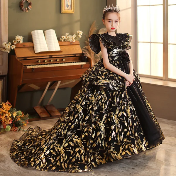 Fashion Black Gold Beading Lace Flower Birthday Flower Girl Dresses 2022 Ball Gown Scoop Neck Short Sleeve Backless Court Train Flower Girl Dresses