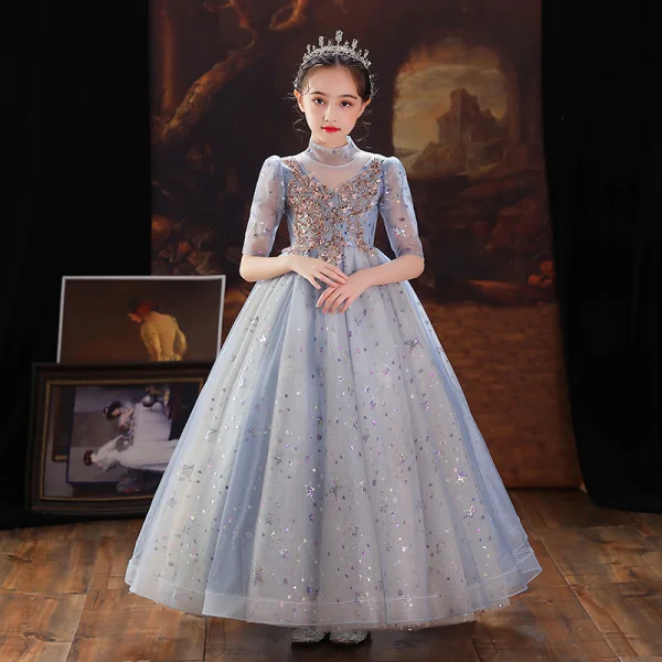 Chic / Beautiful Sky Blue Birthday Flower Girl Dresses 2022 Ball Gown High Neck Beading Sequins 1/2 Sleeves Floor-Length / Long Flower Girl Dresses