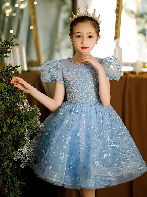 Chic / Beautiful Sky Blue Glitter Beading Sequins Birthday Flower Girl Dresses 2022 Ball Gown Scoop Neck Short Sleeve Knee-Length Flower Girl Dresses