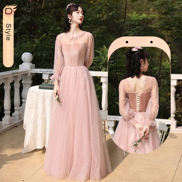 Chic / Beautiful Dusky Pink Suede Bridesmaid Dresses 2022 A-Line / Princess Pearl Sequins Long Sleeve Backless Floor-Length / Long Wedding Party Dresses