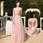 Chic / Beautiful Dusky Pink Suede Bridesmaid Dresses 2022 A-Line / Princess Pearl Sequins Long Sleeve Backless Floor-Length / Long Wedding Party Dresses