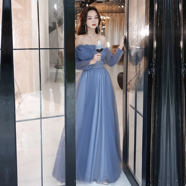 Chic / Beautiful Sky Blue Prom Dresses 2022 A-Line / Princess Strapless Bow Short Sleeve Sequins Backless Floor-Length / Long Formal Dresses