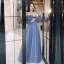 Chic / Beautiful Sky Blue Prom Dresses 2022 A-Line / Princess Strapless Bow Short Sleeve Sequins Backless Floor-Length / Long Formal Dresses