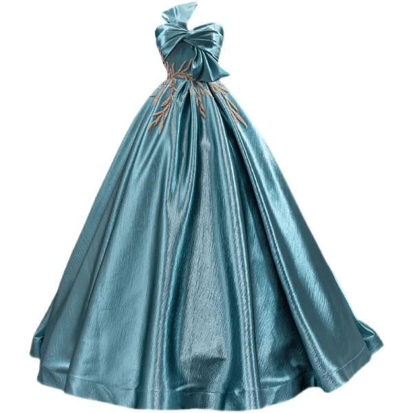 High-end Jade Green Prom Dresses 2022 Ball Gown Bow Strapless Sleeveless Backless Beading Floor-Length / Long Formal Dresses