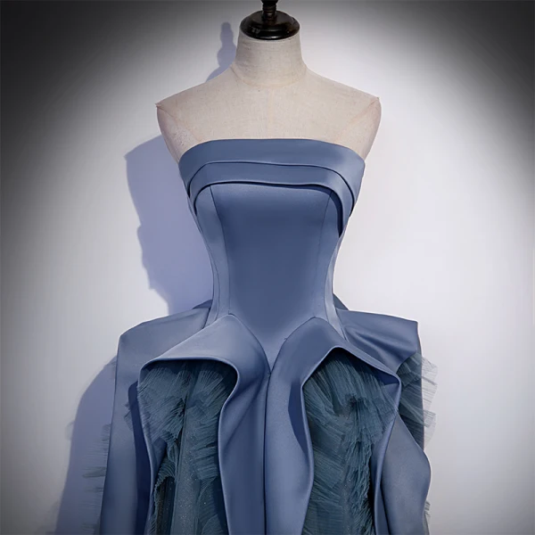 Chic / Beautiful Ocean Blue Cascading Ruffles Prom Dresses 2022 A-Line / Princess Strapless Sleeveless Backless Floor-Length / Long Formal Dresses