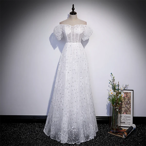 Chic / Beautiful White Sequins Lace Flower Prom Dresses 2022 A-Line / Princess Off-The-Shoulder Short Sleeve Backless Floor-Length / Long Formal Dresses