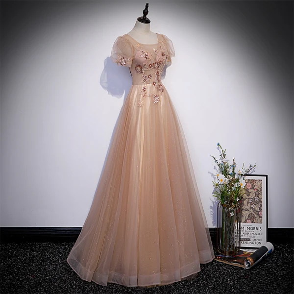Chic / Belle Champagne Robe De Bal 2022 Princesse Encolure Carrée Perlage Paillettes Manches Courtes Dos Nu Longue Robe De Ceremonie