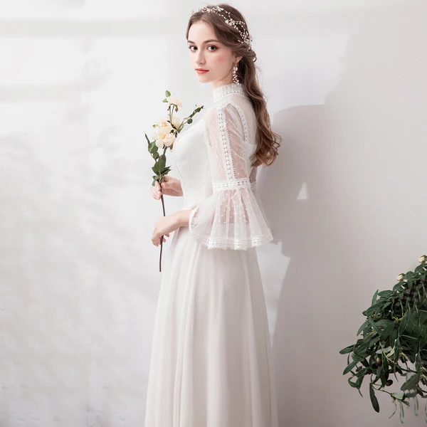 Chic / Beautiful Ivory Lace Flower Prom Dresses 2022 A-Line / Princess High Neck Bell sleeves Floor-Length / Long Formal Dresses