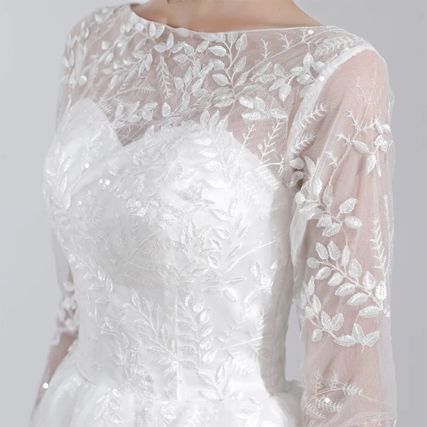 Modest / Simple White Lace Flower Light Wedding Dresses 2022 A-Line / Princess Scoop Neck 3/4 Sleeve Floor-Length / Long Wedding