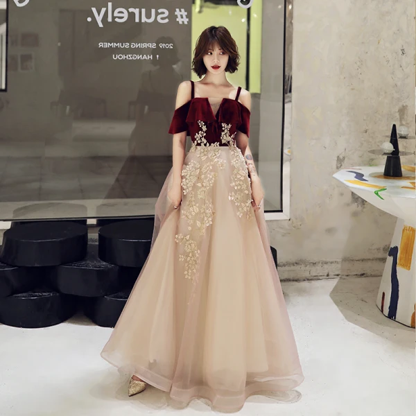 Chic / Belle Bordeaux Daim Robe De Bal 2022 Princesse Bretelles Spaghetti Manches Courtes Dos Nu Appliques Longue Robe De Ceremonie