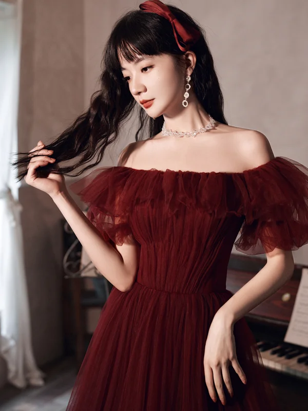 Elegant Burgundy Pleated Prom Dresses 2022 A-Line / Princess Off-The-Shoulder Short Sleeve Backless Floor-Length / Long Prom Formal Dresses