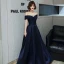 Chic / Beautiful Navy Blue Glitter Satin Prom Dresses 2022 A-Line / Princess Off-The-Shoulder Short Sleeve Backless Floor-Length / Long Formal Dresses