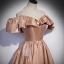Chic / Beautiful Champagne Satin Prom Dresses 2022 A-Line / Princess Off-The-Shoulder Short Sleeve Backless Floor-Length / Long Formal Dresses