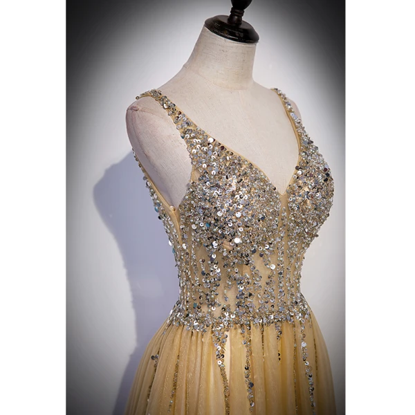 Chic / Beautiful Yellow Beading Sequins Prom Dresses 2022 A-Line / Princess V-Neck Sleeveless Backless Floor-Length / Long Formal Dresses