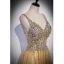 Chic / Beautiful Yellow Beading Sequins Prom Dresses 2022 A-Line / Princess V-Neck Sleeveless Backless Floor-Length / Long Formal Dresses