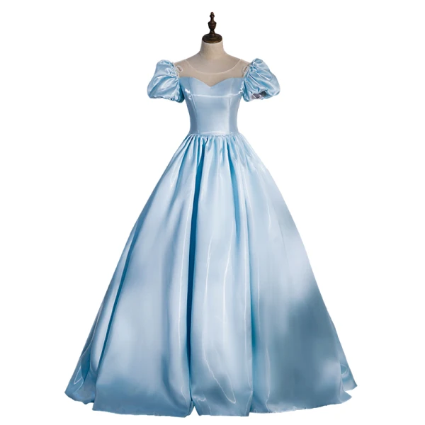 Élégant Bleu Ciel Satin Robe De Bal 2022 Robe Boule Encolure Dégagée Perlage Noeud Gonflée Manches Courtes Dos Nu Longue Robe De Ceremonie