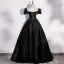 Elegant Black Satin Prom Dresses 2022 Ball Gown Scoop Neck Puffy Short Sleeve Beading Bow Backless Floor-Length / Long Formal Dresses
