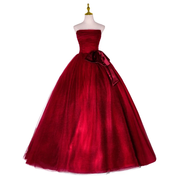 Elegant Burgundy Prom Dresses 2022 Ball Gown Strapless Sleeveless Backless Bow Floor-Length / Long Formal Dresses