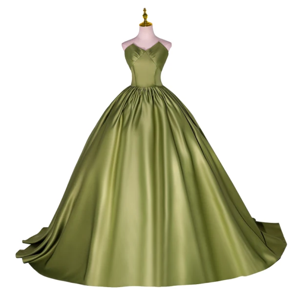 Vintage / Retro Clover Green Satin Prom Dresses 2022 Ball Gown Strapless Sleeveless Backless Sweep Train Formal Dresses