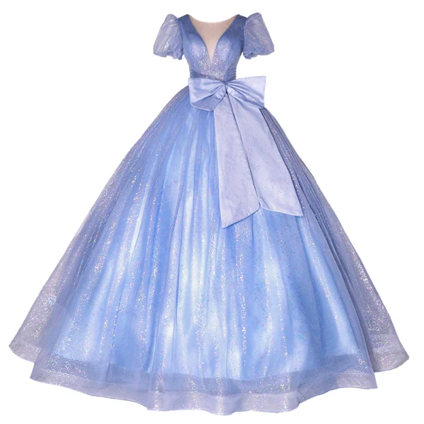 Elegant Glitter Sky Blue Sequins Prom Dresses 2022 Ball Gown Scoop Neck Short Sleeve Backless Bow Floor-Length / Long Formal Dresses