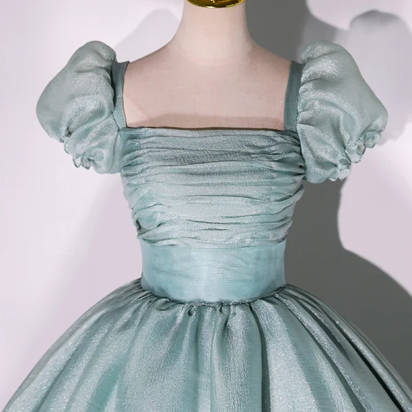 Simple Vert Citron Robe De Bal 2022 Robe Boule Encolure Carrée Gonflée Manches Courtes Dos Nu Longue Robe De Ceremonie