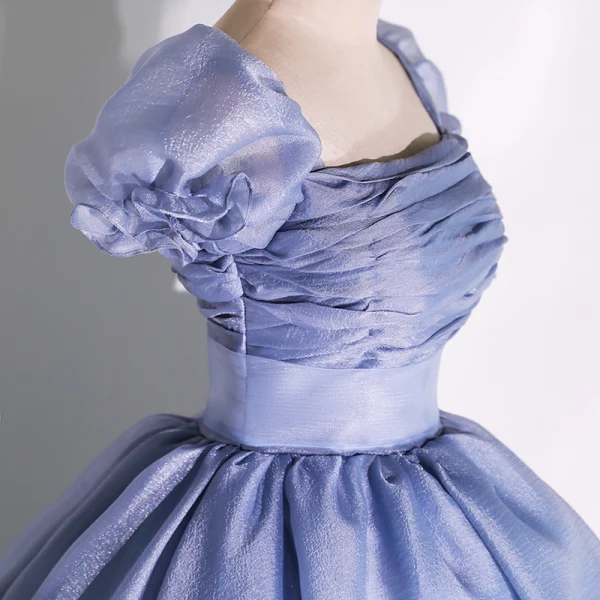 Elegant Ocean Blue Prom Dresses 2022 Ball Gown Square Neckline Puffy Short Sleeve Backless Floor-Length / Long Formal Dresses