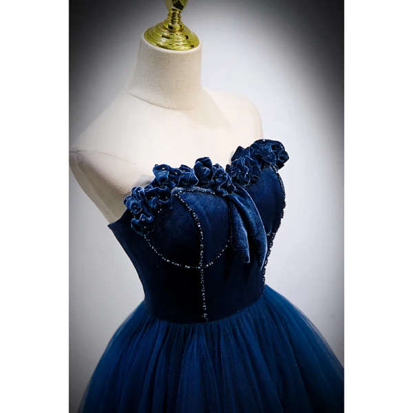 Elegant Royal Blue Suede Prom Dresses 2022 A-Line / Princess Strapless Sleeveless Backless Sweep Train Formal Dresses